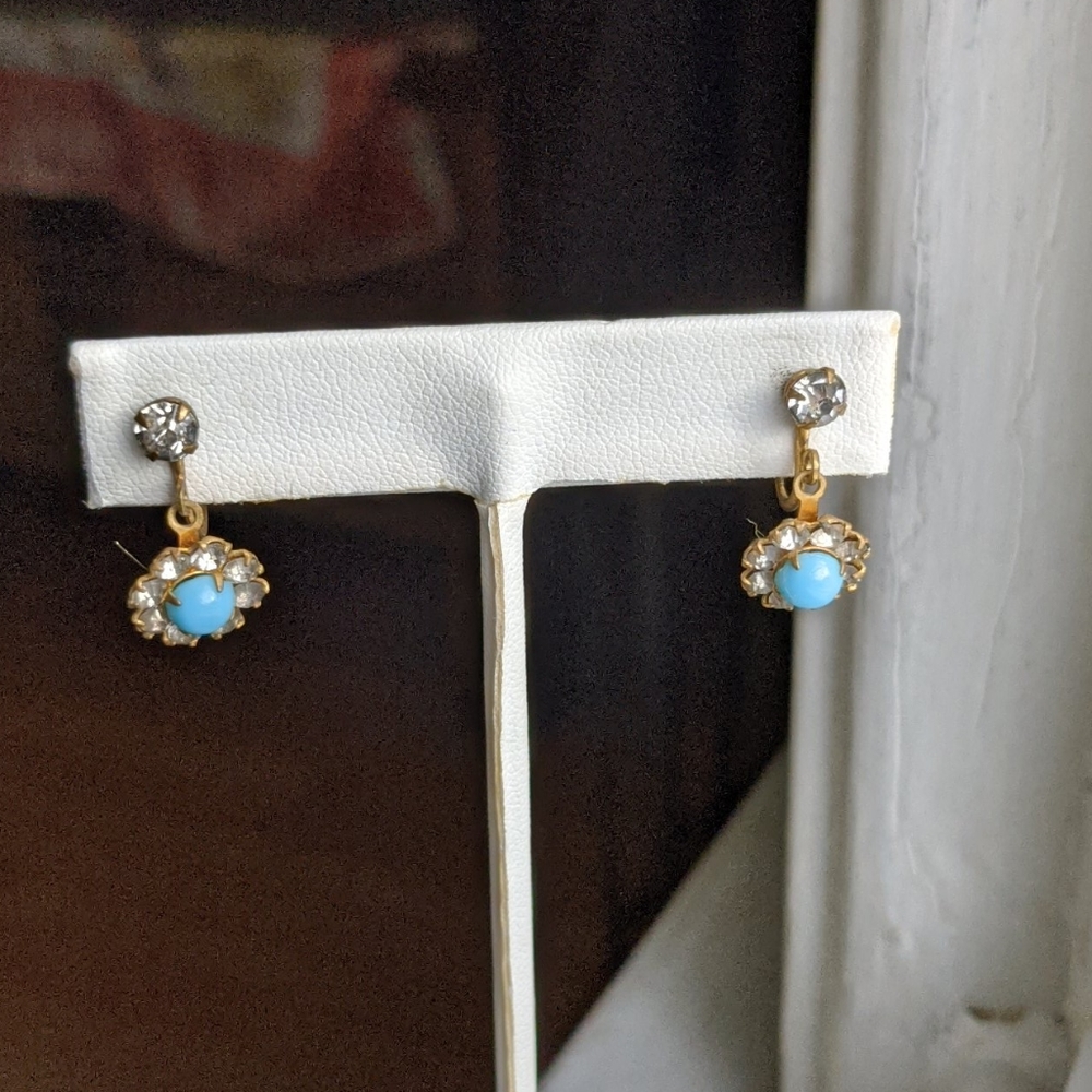 Vintage 50-60s Turquoise Rhinestone Earrings